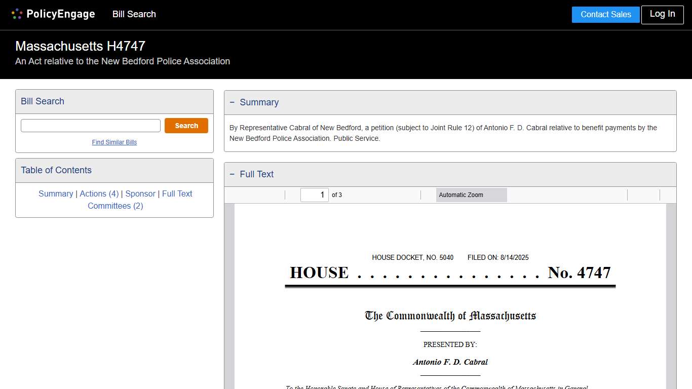 H4747 Massachusetts 2025-2026 An Act relative to the New Bedford Police Association - Legislative Tracking PolicyEngage